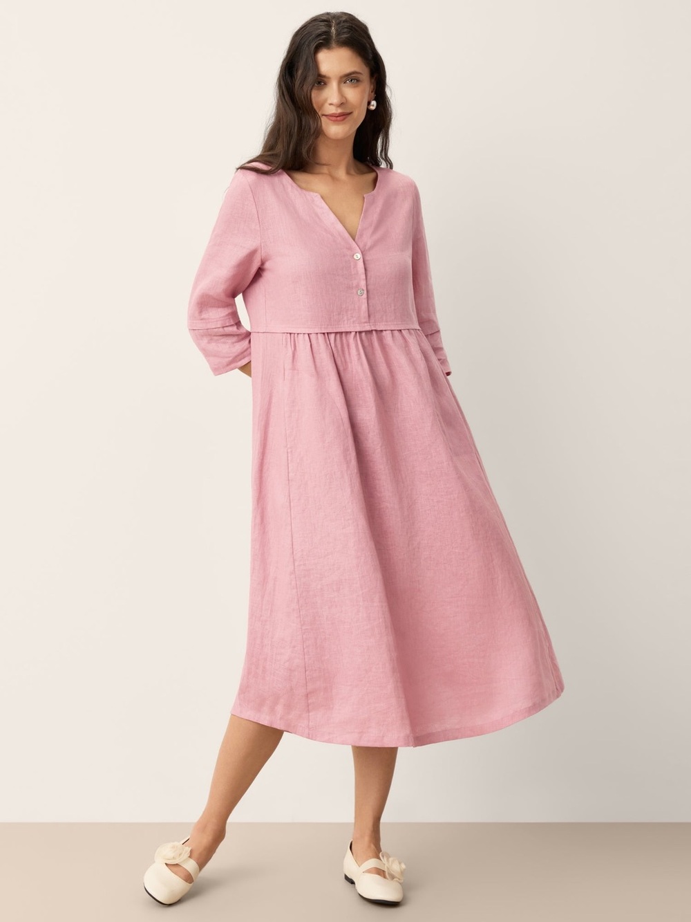 LINTICO Pink V-Neck LINEN Dress with Buttons